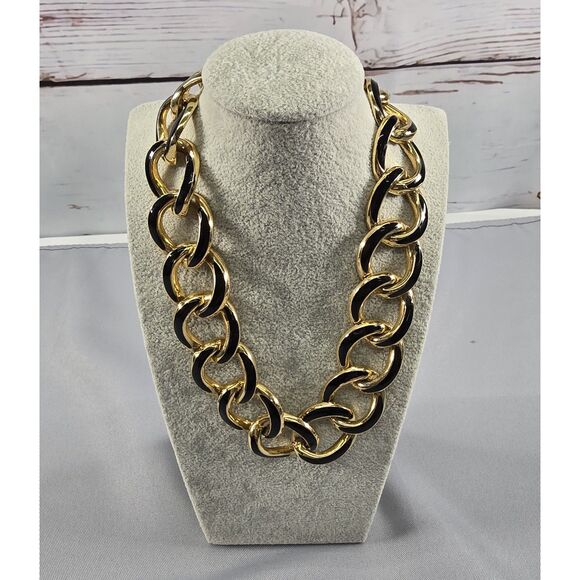 Vintage Black & Gold Tone 80s Signed Les Bernard Chunky Chain Necklace